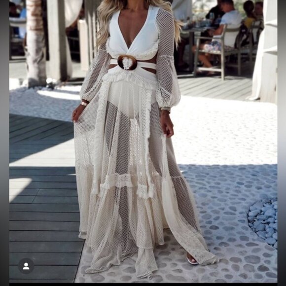 PatBO ! Netted Long Sleeve Fringe Beach Dress in Ivory ( Small ) - Picture 9 of 14